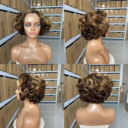 100% Raw Indian Virgin Hair Bouncy Wave 4x4 HD Lace Closure Wigs High Density 12" Wear and Go Ombre Bouncy Curly Glueless Wigs