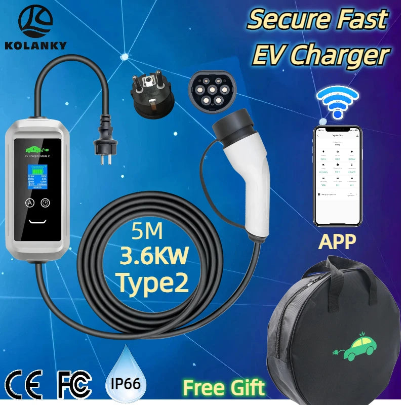 EV Charger 3.6KW 16A 1Phase Portable Type2 Plug Fast Charging Box 5m Cable Adjust Current for Electric Car Charging Station