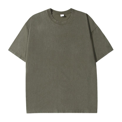 Men's summer pure cotton distressed retro drop shoulder T-shirt solid color loose casual breathable men's casual T-shirt tops