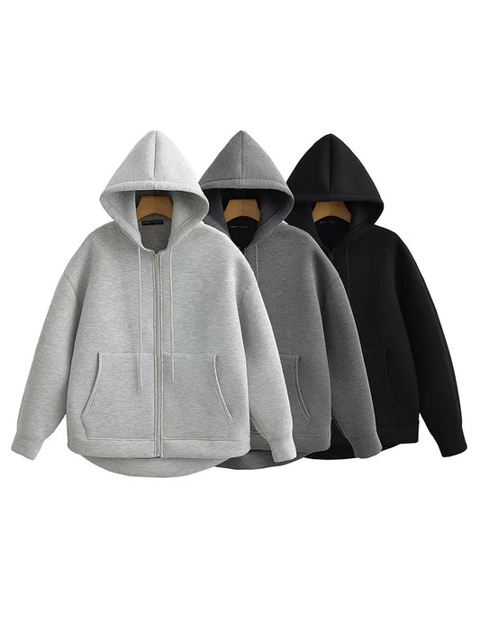HH 2025 Casual Women's Soild Zipper Hoodie Long Sleeve Big Pocket Zipper Jacket With Hood Female Loose Outerwear Coat Tops