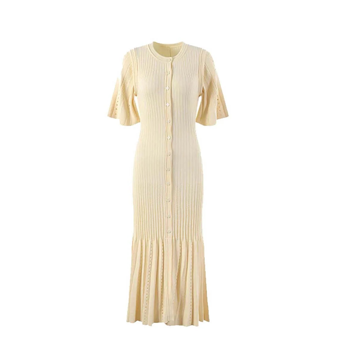 Sommer Frühling Neues Französisches Elegantes Parfüm High-End Schlankmachendes Gestricktes Meerjungfrauenkleid Ausgehöhltes Schlankmachendes Fischschwanz-Strickkleid