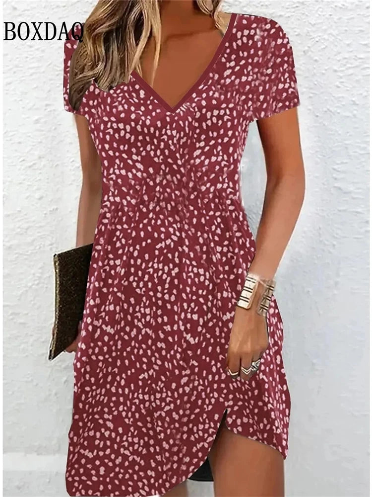 Women'S Casual Sundress Loose Summer Boho Beach Dress Floral Printed For Women Dress Retro V Neck Short Sleeve Plus Size Dresses