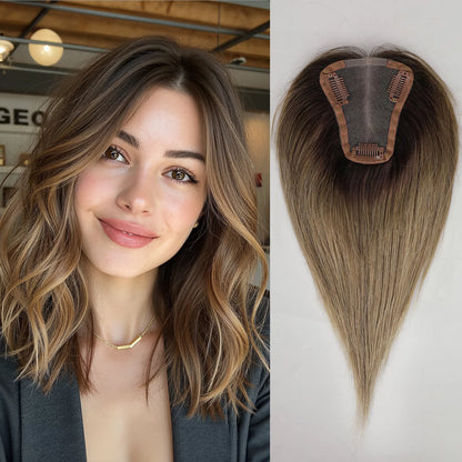 Light Brown Blonde Ombre 12 Inch Human Hair Toppers Lace Base Clip In Hairpiece for Women 100% Remy Human Hair Extensions