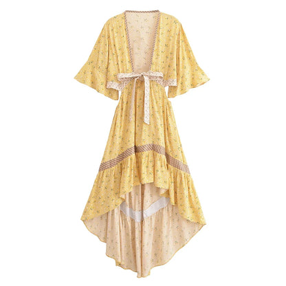 Boho Queens  Women Hollow Out Sexy Beach Dress Bohemian Lady Short Sleeve High-Low Rayon Summer Boho Dresses Robe