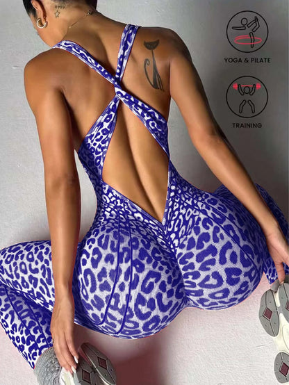 Sexy Leopard Print Sport-Jumpsuits für Damen V-Ausschnitt Rückfrei Yoga Bodysuit Weiblich Ärmellos Eng Gym Laufen Fitness Overalls