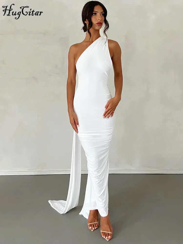 Hugcitar One Shoulder Backless Adjustable Scarf Loop Rüschen Sexy Maxikleid Damen Elegant Y2K Streetwear Festival Outfit