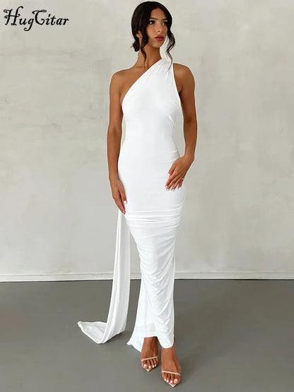 Hugcitar One Shoulder Backless Adjustable Scarf Loop Rüschen Sexy Maxikleid Damen Elegant Y2K Streetwear Festival Outfit