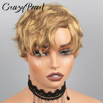 CrazyPearl Colored Light Brown Pixie Cut Wigs Human Hair 100% Short Wigs Human Hair Full Machine Wigs Glueless Wigs Human Hair
