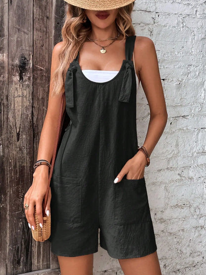 Damen Freizeit Sommer Kurze Playsuits Locker Overall Einfarbig Ärmellos Schnürung Weites Bein Hosen Tiefer Knoten Träger Jumpsuits mit Taschen
