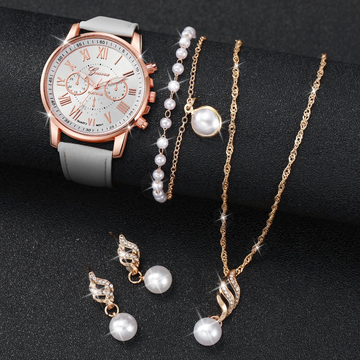 5 TEILE/Set Damenuhr Mode Römisches Zifferblatt Lederarmband Quarzuhr Perlen Schmuckset (Ohne Box)