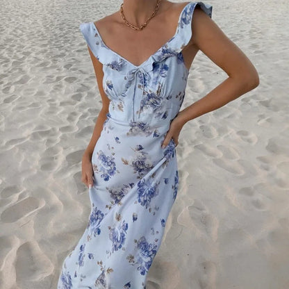 Sommerliches Blumenprint Damen Sexy tief ausgeschnittenes Kleid Ärmellos Rückenfrei Schmale Trägerkleider 2025 Strandurlaub Damen Vestidos