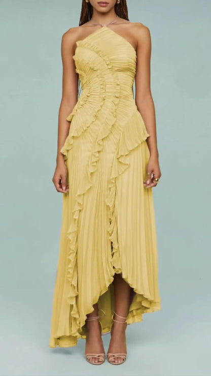 Chic Elegant Lotus Edge Maxi Dress Slim Fit Backless Lace Up Halter Robes Sleeveless Party Vestidos 2025 Nw Lady Vacation Gowns