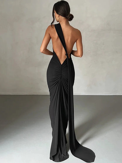 Hugcitar One Shoulder Backless Adjustable Scarf Loop Rüschen Sexy Maxikleid Damen Elegant Y2K Streetwear Festival Outfit