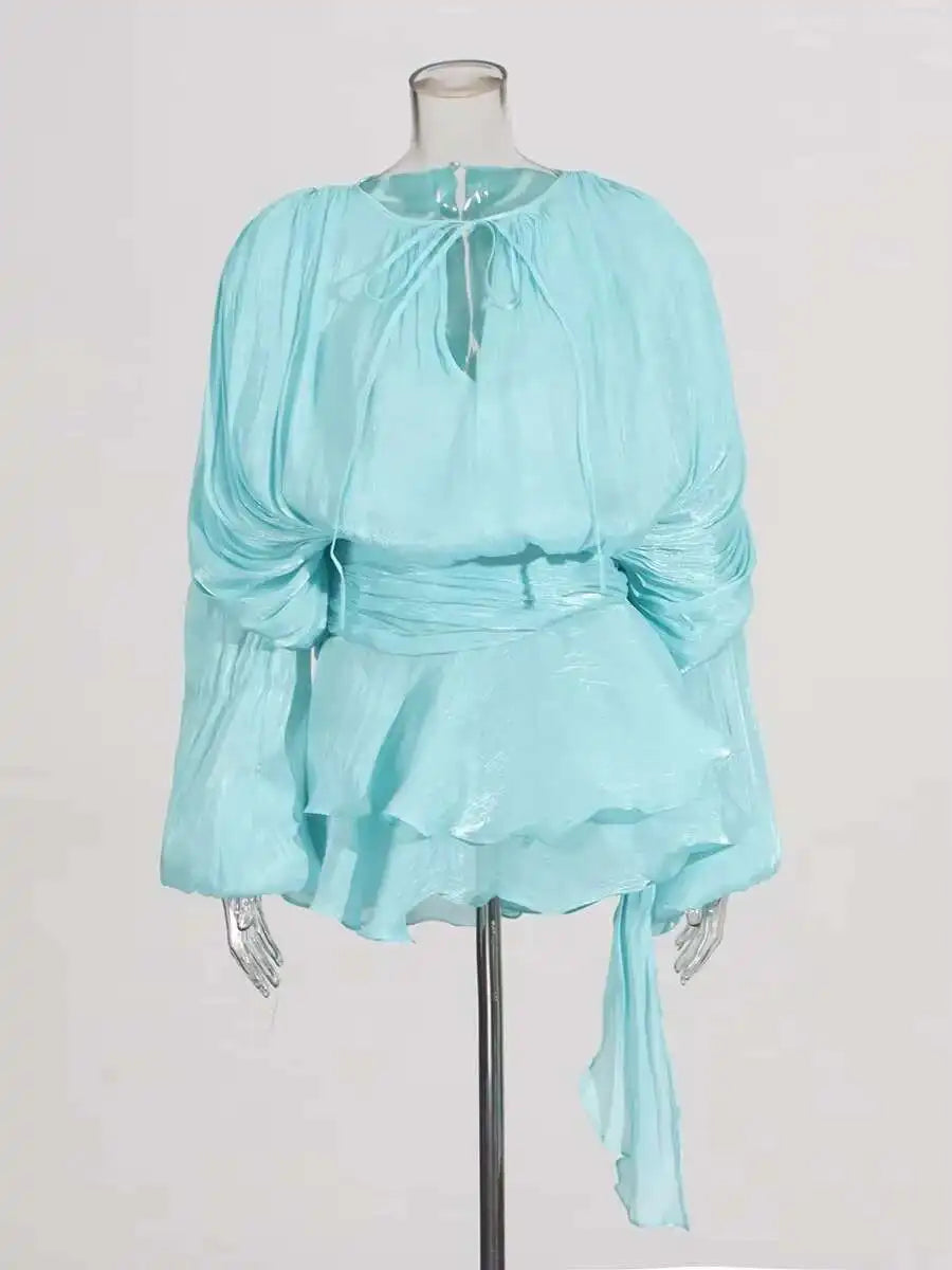 TWOTWINSTYLE Solid Bluse Minikleider für Frauen V-Ausschnitt Langarm Gespleißt Geschnürt Süßer Stil Kleid Weibliche Kleidung Mode