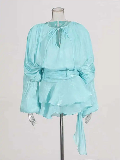 TWOTWINSTYLE Solid Bluse Minikleider für Frauen V-Ausschnitt Langarm Gespleißt Geschnürt Süßer Stil Kleid Weibliche Kleidung Mode