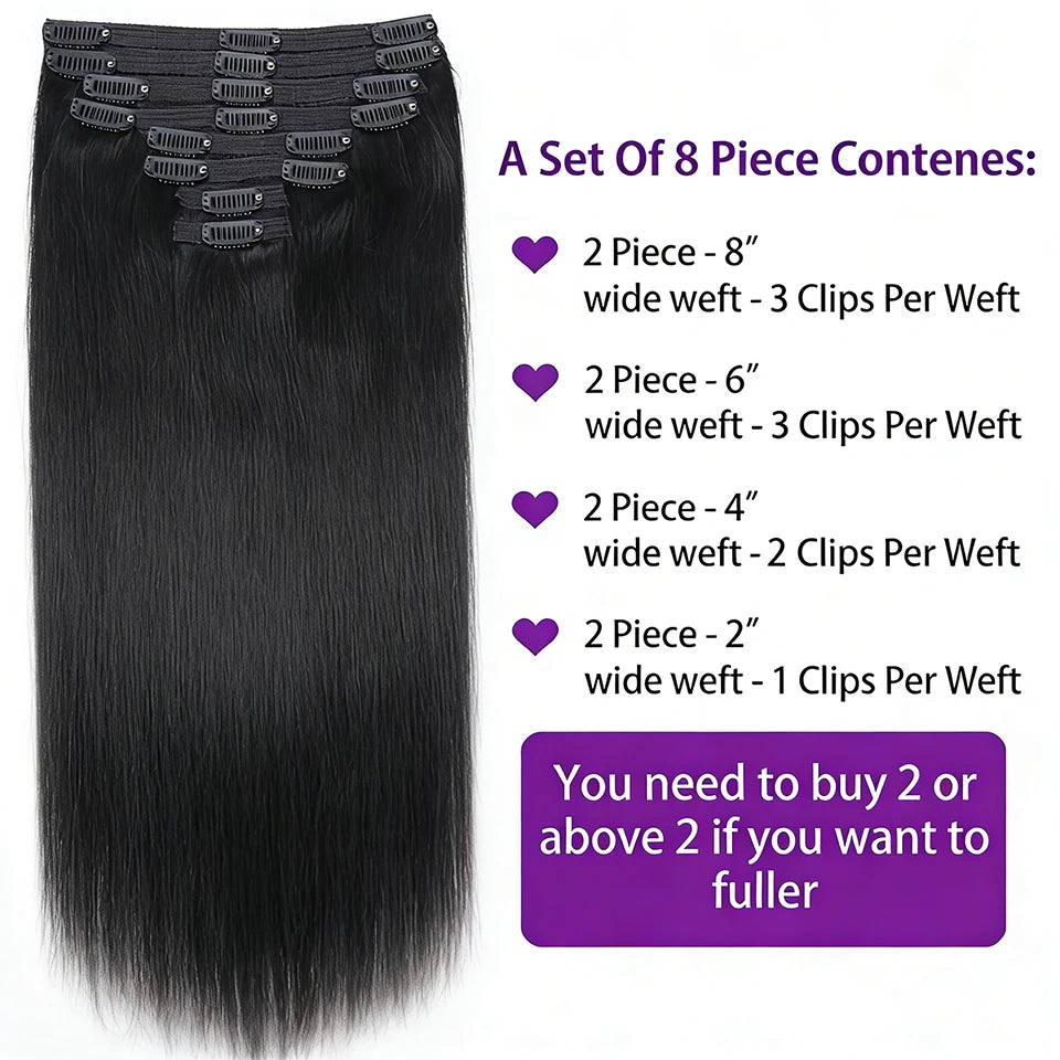 Seamless Clip ins Extensions Human Hair Straight Brazilian Remy Real Natural Soft Hair 8Pcs 120G Clip on Human Hair Extensions