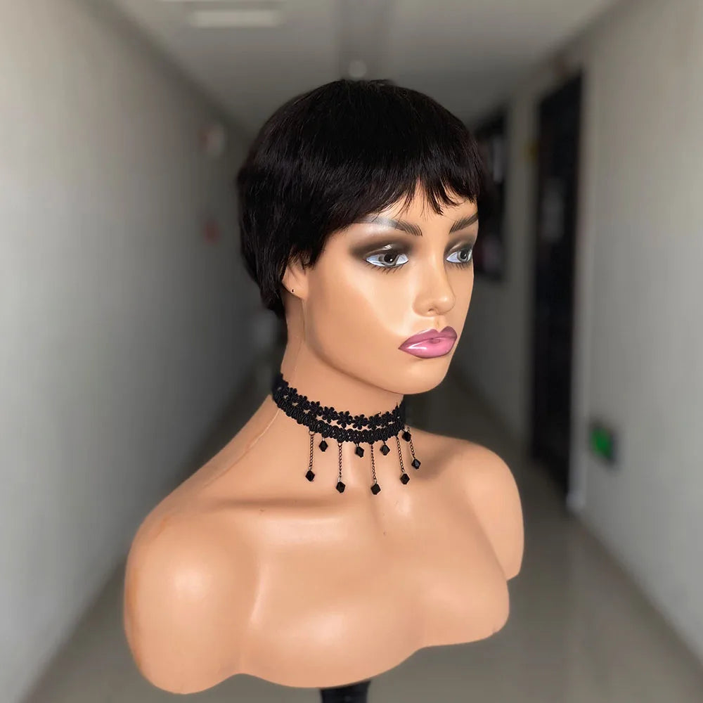 Short Straight Human Hair Wigs Natural Color Brazilian Remy Hair Pixie Cut Wig Human Hair Machine Wig For Black Women