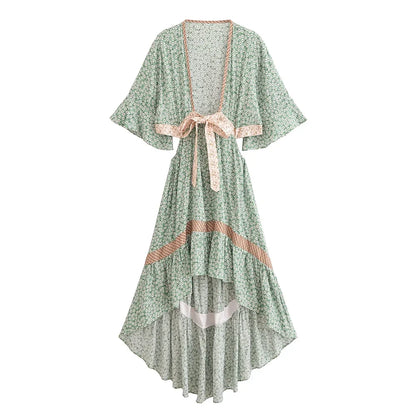 Boho Queens  Women Hollow Out Sexy Beach Dress Bohemian Lady Short Sleeve High-Low Rayon Summer Boho Dresses Robe