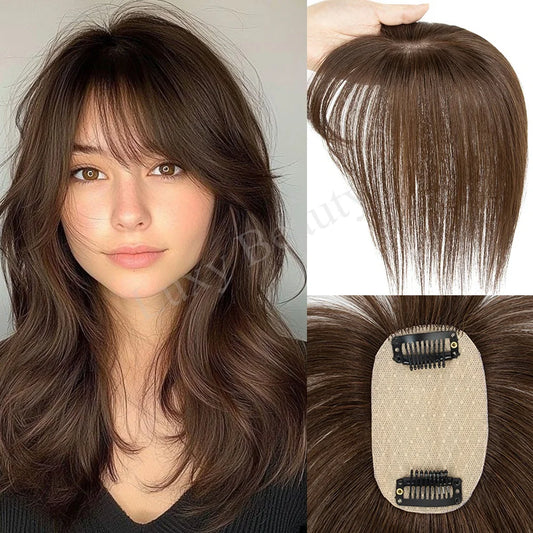Brown Human Hair Topper With Bangs Women 5x9cm Natural Black Highlights Blonde Skin Scalp Clip in Topper Hair Pieces Human Hair
