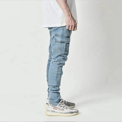 Street Elastische Jeans Herren Denim Cargo Hose Waschung Unifarben Multi Taschen Lässige Mittelhohe Taille Hose Schmale Passform Alltag Jogger