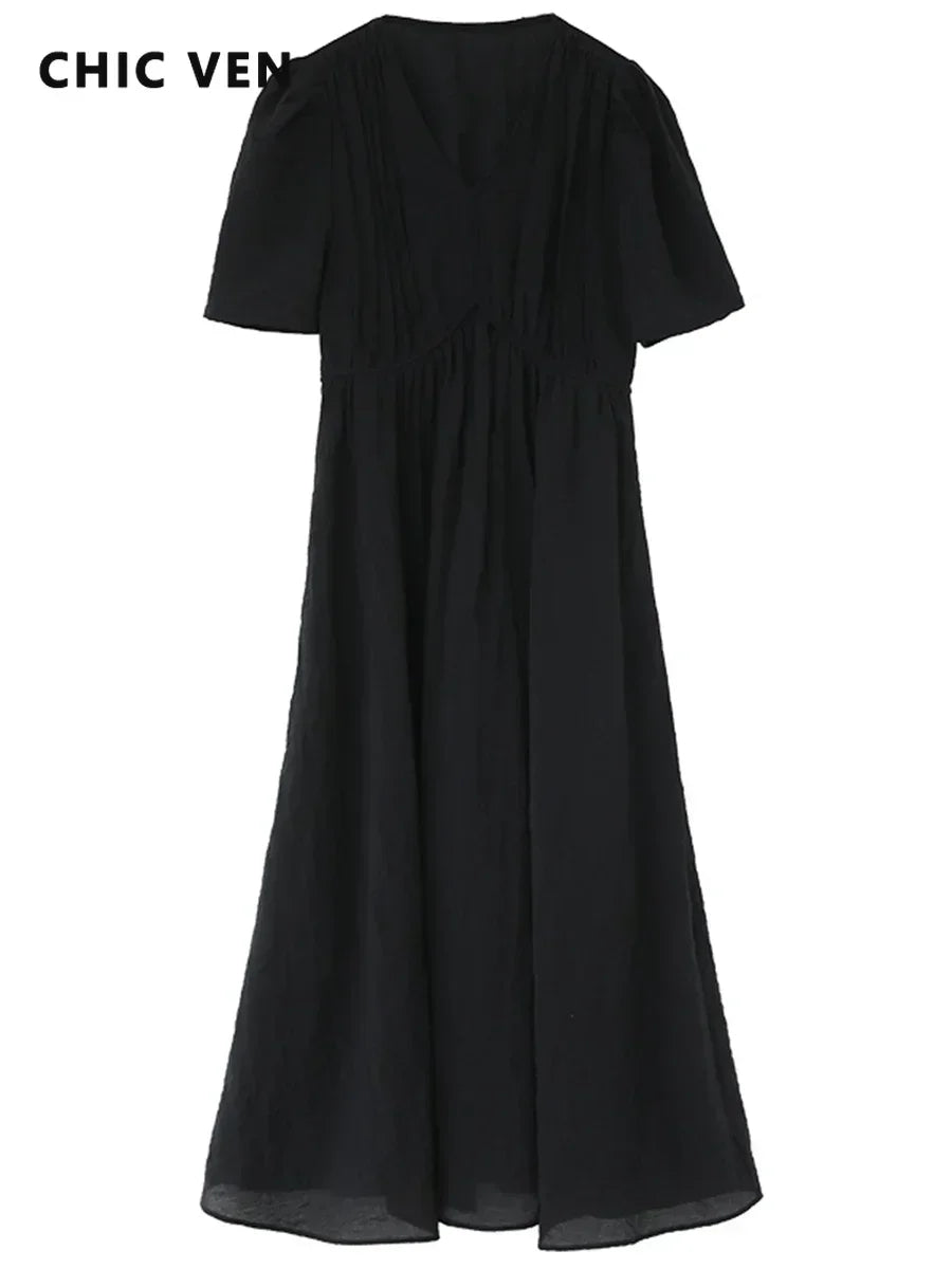 CHIC VEN Damenkleider Französischer Stil Vintage V-Ausschnitt Puffärmel Langes Kleid Einfarbig Schwarz Locker Damenbekleidung Sommer Neu 2023