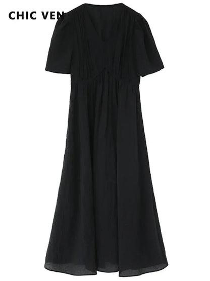 CHIC VEN Damenkleider Französischer Stil Vintage V-Ausschnitt Puffärmel Langes Kleid Einfarbig Schwarz Locker Damenbekleidung Sommer Neu 2023