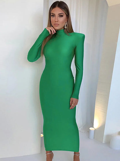 Schultergepolstertes, langärmeliges, eng anliegendes, grünes Party-Club-Maxikleid, lange Kleider, Frühling Herbst Damenmode Elegante Kleidung