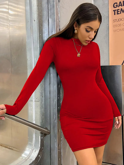 Langarm Slim Bodycon Minikleid Damen Rollkragen Plissiert Party Gerafft Kurzes Abendclub-Outfit Einfarbig