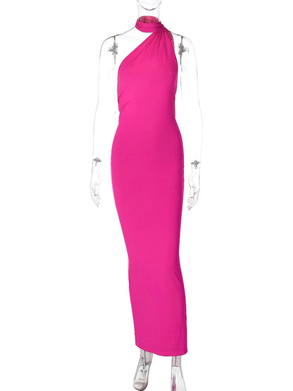 Hugcitar One Shoulder Backless Adjustable Scarf Loop Rüschen Sexy Maxikleid Damen Elegant Y2K Streetwear Festival Outfit