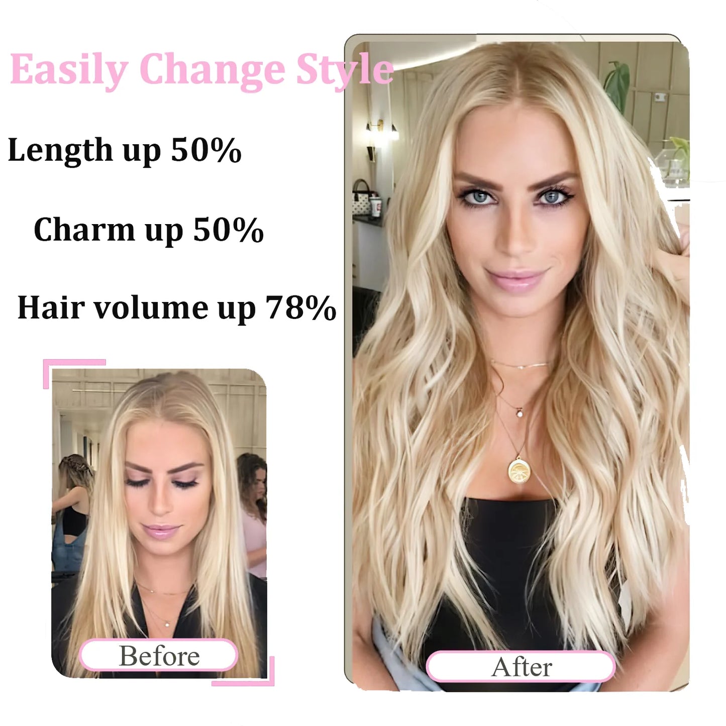 Fish Line 100 Human Hair Extension Piece Hair Blonde Remy Straight Hair Fishing Wire with 3 Clips Invisible Wire Hair Extension