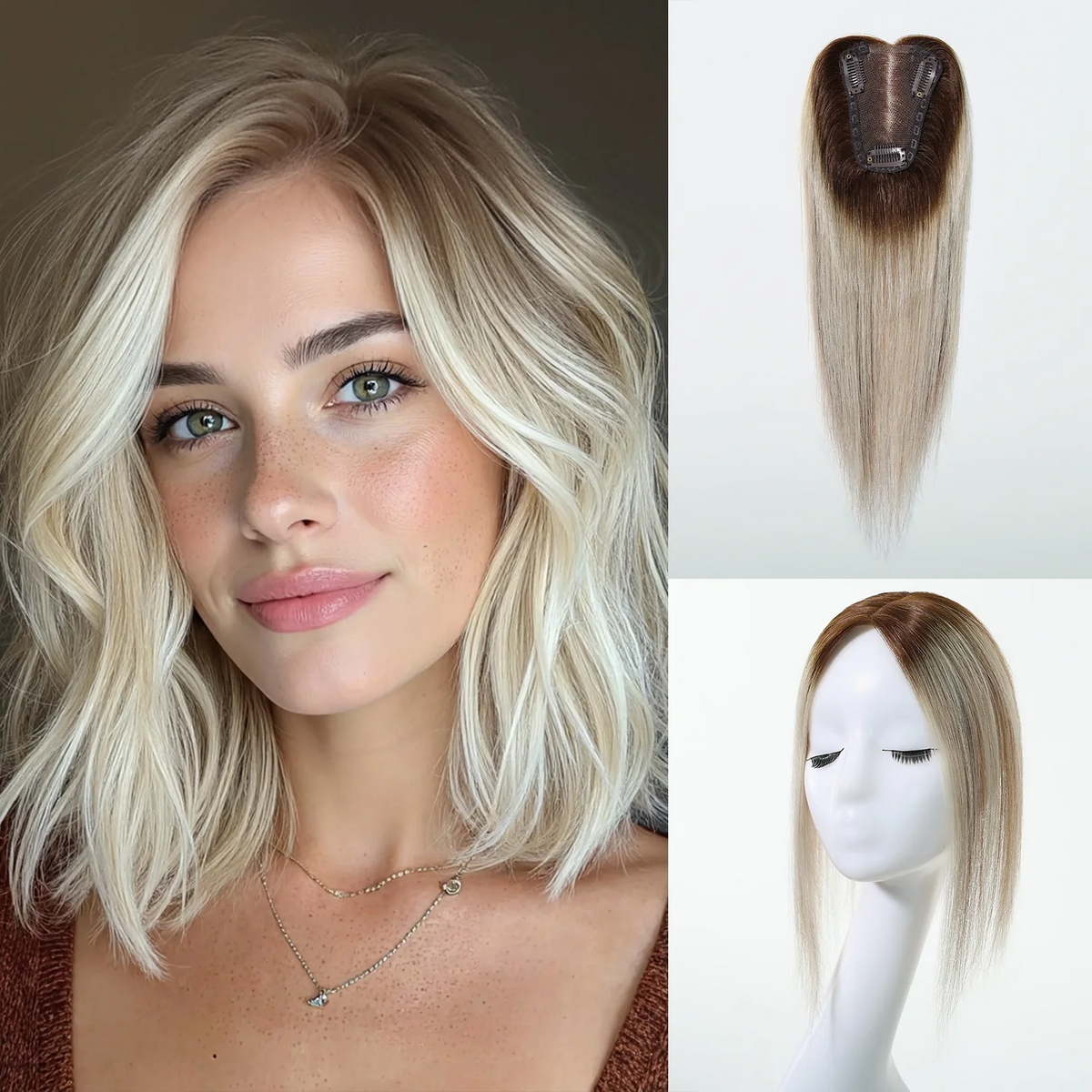 Light Brown Blonde Ombre 12 Inch Human Hair Toppers Lace Base Clip In Hairpiece for Women 100% Remy Human Hair Extensions