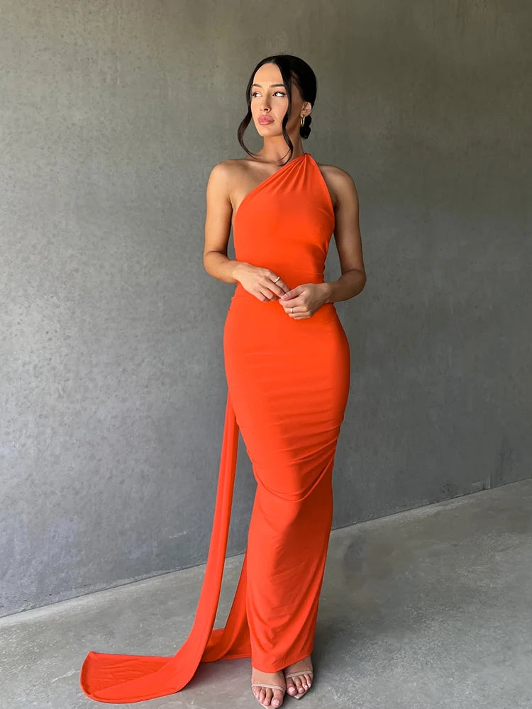 Hugcitar One Shoulder Backless Adjustable Scarf Loop Rüschen Sexy Maxikleid Damen Elegant Y2K Streetwear Festival Outfit
