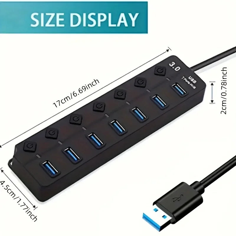 4/7-Port USB 3.0 Hub mit LED-Anzeige, unabhängiger Schaltersteuerung für Laptop, Flash-Laufwerk, Festplatte, Drucker, Kamera, Tastatur