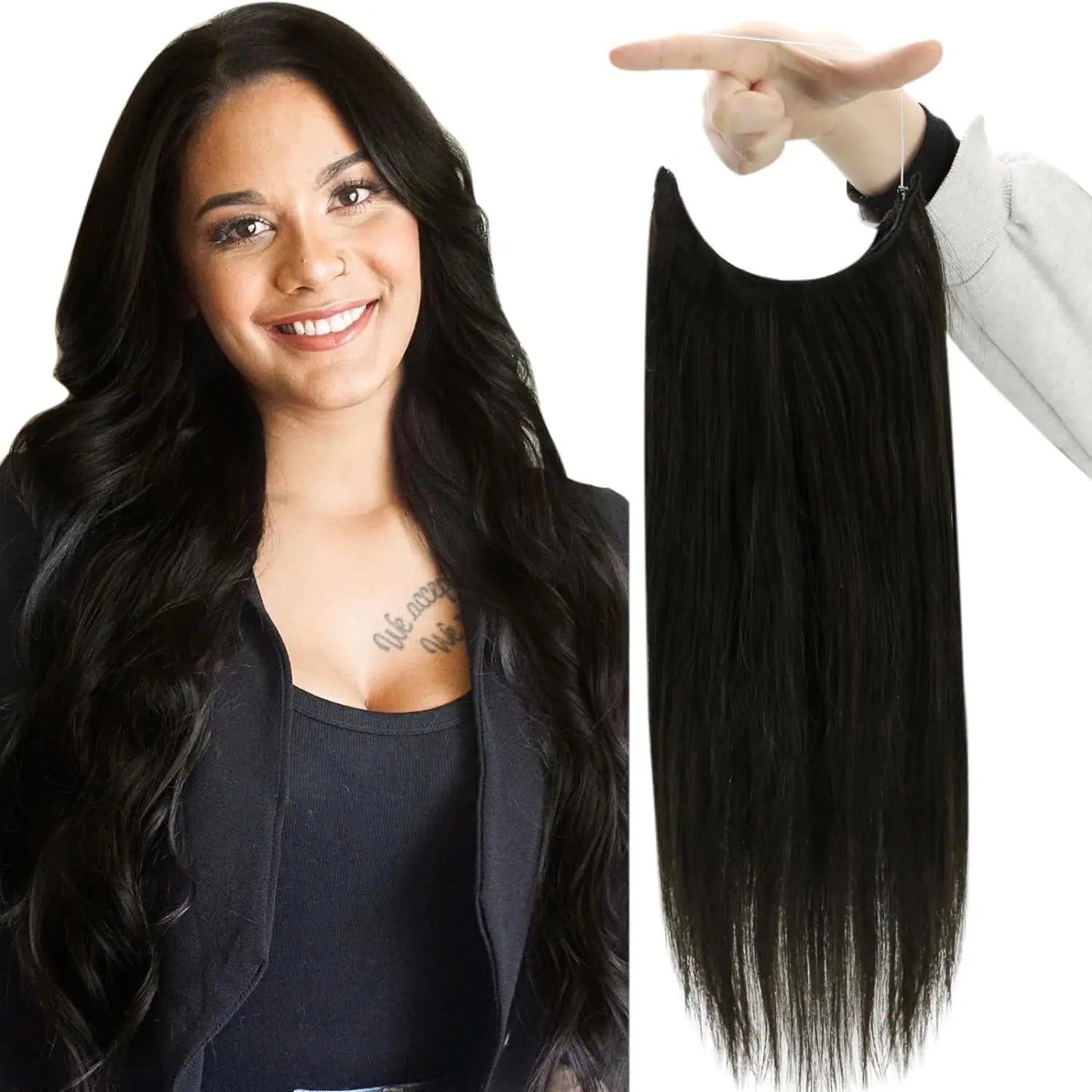 Fish Line 100 Human Hair Extension Piece Hair Blonde Remy Straight Hair Fishing Wire with 3 Clips Invisible Wire Hair Extension