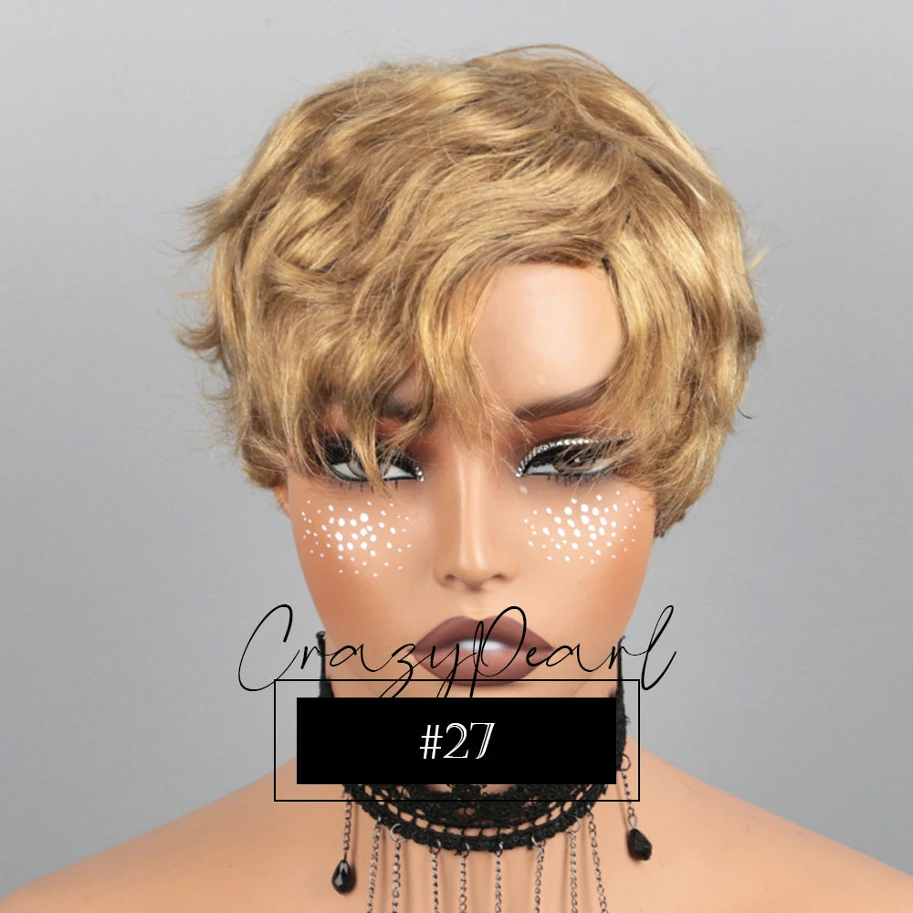CrazyPearl Colored Light Brown Pixie Cut Wigs Human Hair 100% Short Wigs Human Hair Full Machine Wigs Glueless Wigs Human Hair
