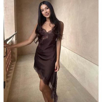 MUJER Lace Slip Mini Dress Women Satin Backless Summer Dress Woman Asymmetric Party Women's Dress Sexy Beach Dresses for Women