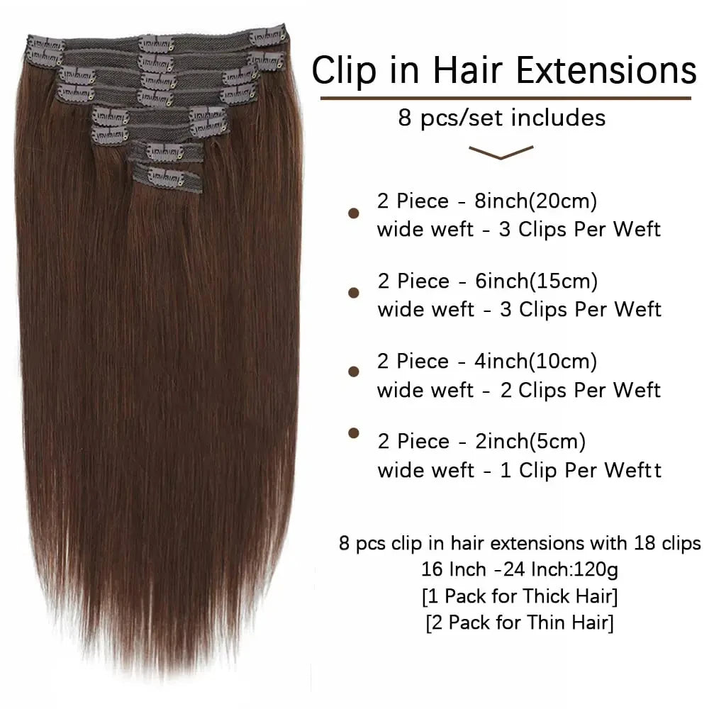 Clip In Hair Extensions Real Human Hair Color #4 Chocolate Brown Clip In Hair Extensions 8pcs Hair Natural Black Color 24 Inches
