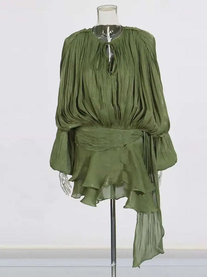 TWOTWINSTYLE Solid Bluse Minikleider für Frauen V-Ausschnitt Langarm Gespleißt Geschnürt Süßer Stil Kleid Weibliche Kleidung Mode