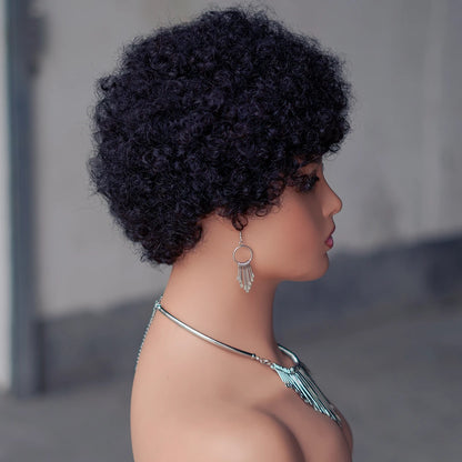 Short Afro Kinky Curly Human Hair  Wig for Women Fluffy Hair Short Pixie Curly Retro Style Human Hair Wig Full Machine Wig
