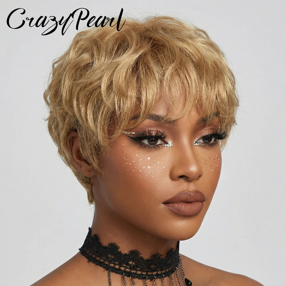 CrazyPearl Colored Light Brown Pixie Cut Wigs Human Hair 100% Short Wigs Human Hair Full Machine Wigs Glueless Wigs Human Hair