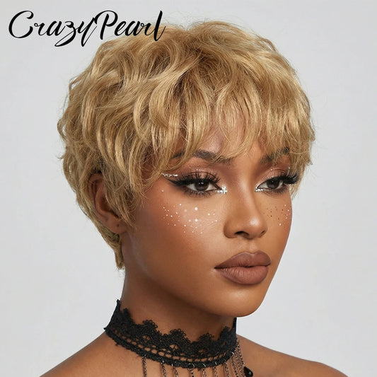 CrazyPearl Farbige Hellbraune Pixie Cut Perücken Echthaar 100% Kurze Perücken Echthaar Vollmaschinelle Perücken Klebefreie Perücken Echthaar