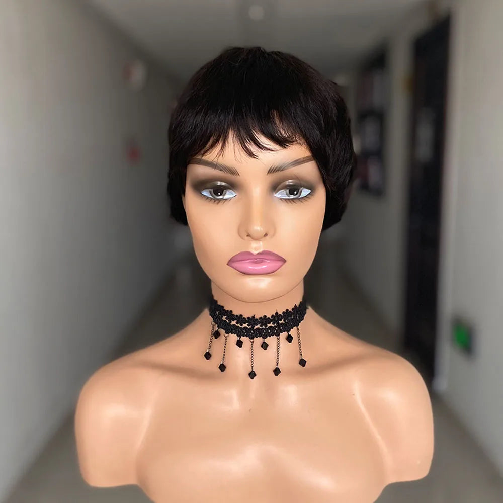 Short Straight Human Hair Wigs Natural Color Brazilian Remy Hair Pixie Cut Wig Human Hair Machine Wig For Black Women