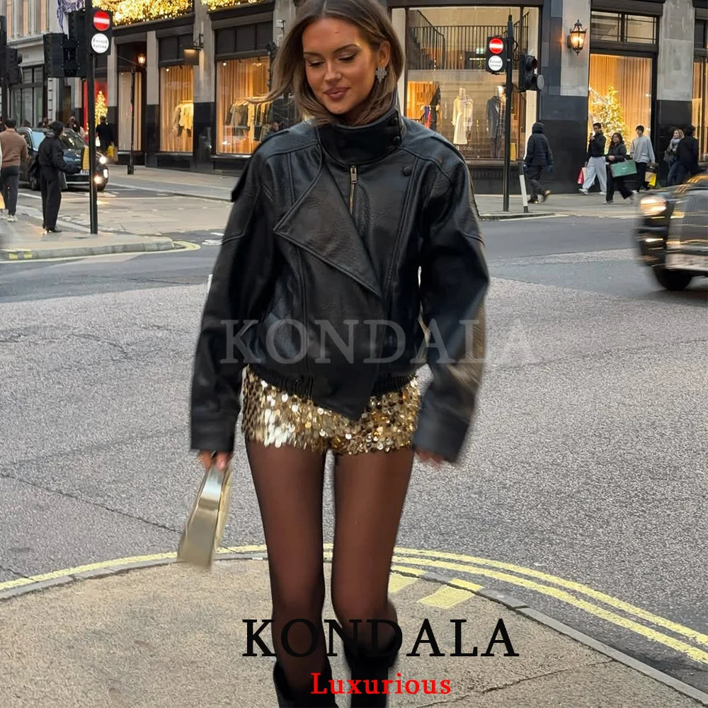 KONDALA Casual Chic Black Leather Jackets Women Long Sleeve Buttons Elastic Oversized Coats Fashion 2026 Spring Streetwear Coats