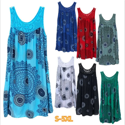 Damenbekleidung Sommer ärmelloses Camisole-Kleid Spitzenprint ärmelloses großes Schaukelkleid lockeres sexy Kleid langer Rock Übergröße