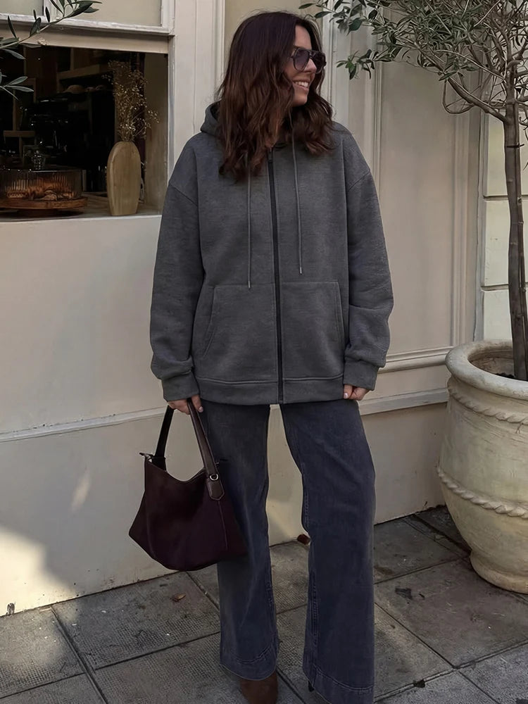 HH 2025 Casual Women's Soild Zipper Hoodie Long Sleeve Big Pocket Zipper Jacket With Hood Female Loose Outerwear Coat Tops