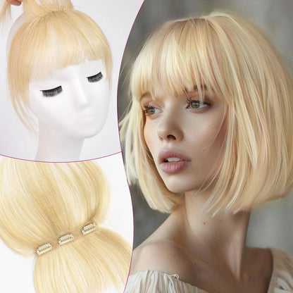 100% Human Hair Blonde Bangs Clips in Air Fringe Bangs Hairpiece for Women Platinum Human Hair Bangs Hair Extension 4.5inch