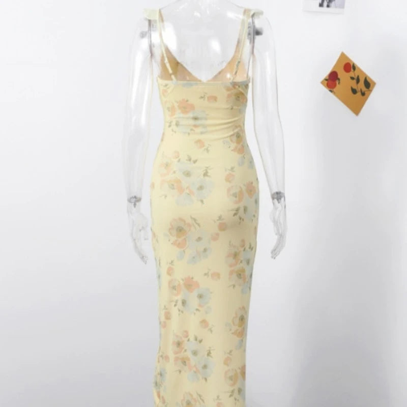 Sommerliches Blumenprint Damen Sexy tief ausgeschnittenes Kleid Ärmellos Rückenfrei Schmale Trägerkleider 2025 Strandurlaub Damen Vestidos