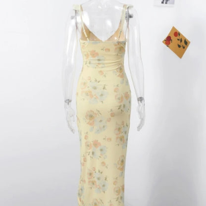 Sommerliches Blumenprint Damen Sexy tief ausgeschnittenes Kleid Ärmellos Rückenfrei Schmale Trägerkleider 2025 Strandurlaub Damen Vestidos