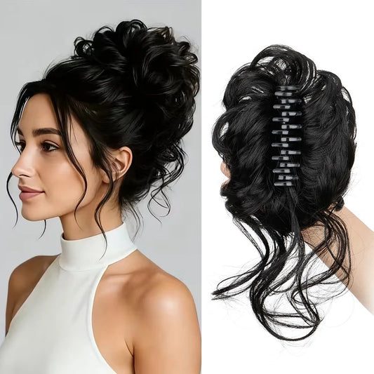 Synthetischer kurzer, gewellter, lockiger, unordentlicher, eleganter Dutt Haarteil mit Krallenclip, zerzaustes Hochsteckfrisur, Haarknoten, Haarteile, Extensions für Frauen
