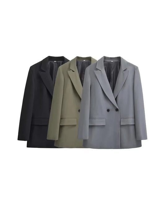 Women's Double Breasted Office Wear Blazer Coat, Long Sleeve, Flap Pockets, Female Outerwear, Chic Tops, Fashion